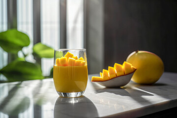 Glass with tasty mango smoothie on the marble table in the kitchen.