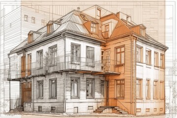 Fototapeta premium two-story house with balconies and a front yard. Generative AI