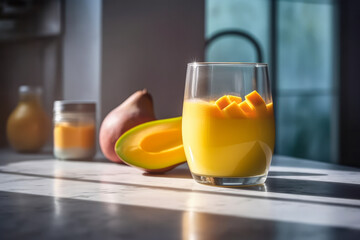 Glass with tasty mango smoothie on the marble table in the kitchen.
