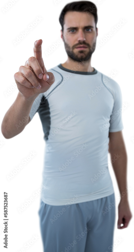 Poster man pretending to touch invisible screen