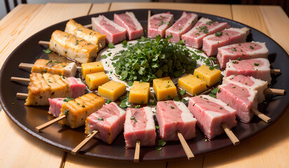 Photo of meat and cheese skewers on a rustic wooden platter