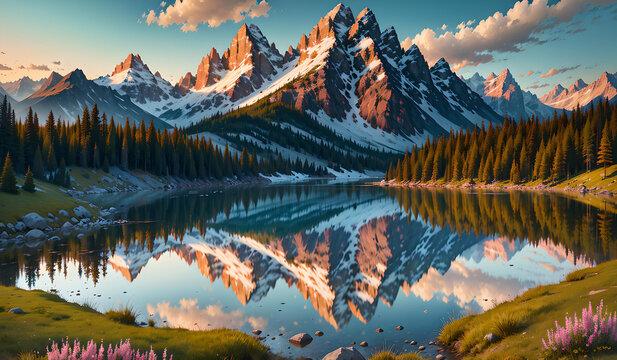 Photo of a stunning mountain range reflected on a serene lake