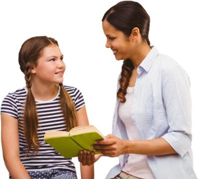 Teacher and girl reading book in library