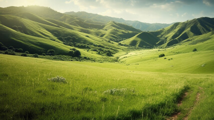 Green meadow view with mountains, copy space background. Panorama 21:9 wallpaper style, daylight with natural light. Generated AI