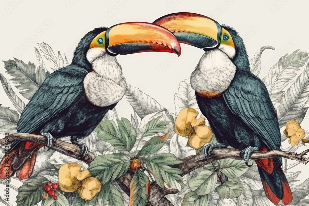 Poster two birds perched on a tree branch. generative ai