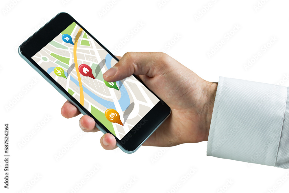 Poster man using map app on phone