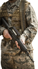 Mid section of military soldier standing with a rifle 