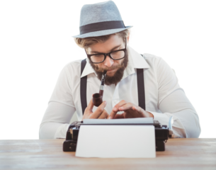 Hipster smoking pipe while working at desk