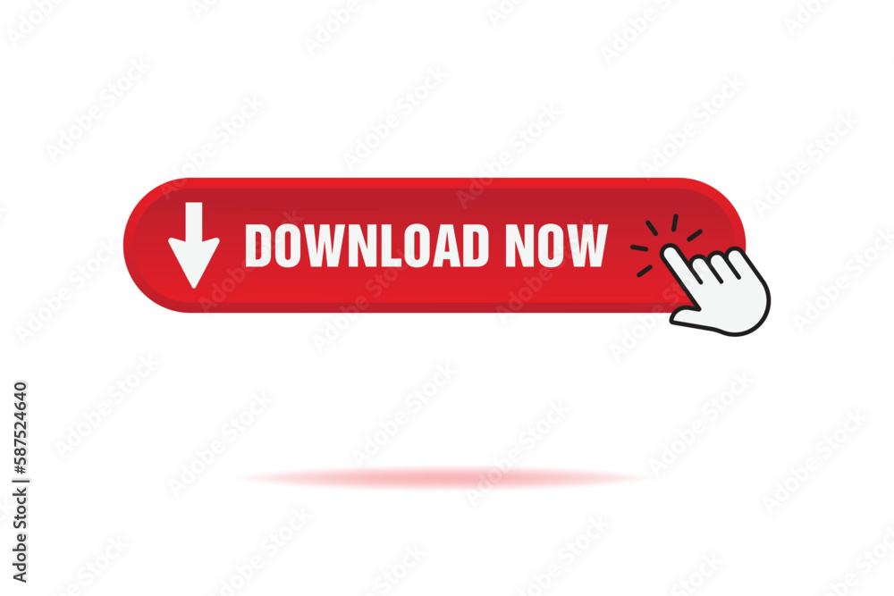Poster Red download button with hand clicking, flat finger cursor for web and app design. Digital technology concept isolated on white background