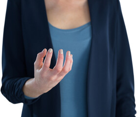 Mid section of businesswoman holding imaginary product