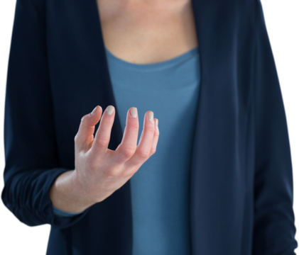 Mid section of businesswoman holding imaginary product - Powered by Adobe