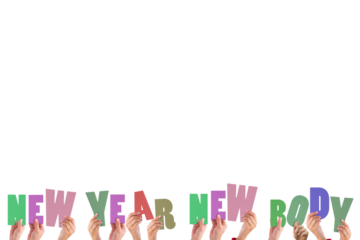 Colorful alphabet spelling new year new body held up by people 