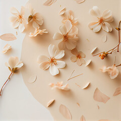 Generative AI trendy beige flolar background. View from above with spring flowers. Generative AI