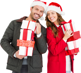 Happy young couple holding gifts