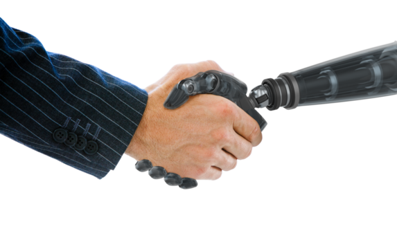 Cropped hands of robot and businessman dealing