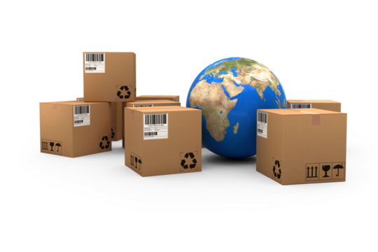 Composite image of boxes with globe - Powered by Adobe