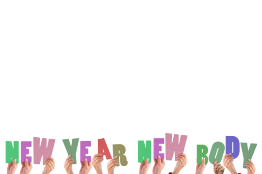 Colorful alphabet spelling new year new body held up by people  - Powered by Adobe
