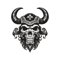 viking skull, logo concept black and white color, hand drawn illustration