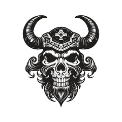 viking skull, logo concept black and white color, hand drawn illustration
