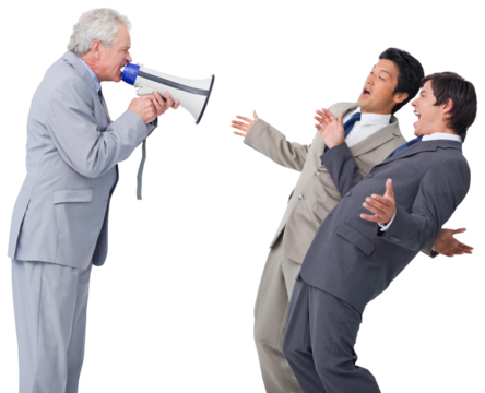 Senior salesman with megaphone yelling at his employees