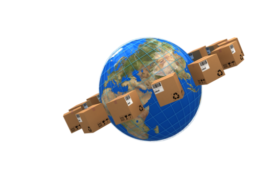 Planet earth amidst cardboard boxes