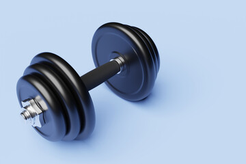 3D illustration  metal black dumbbell with disks on blue background. Fitness and sports equipment