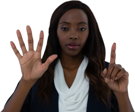 Portrait of businesswoman using invisible interface screen - Powered by Adobe