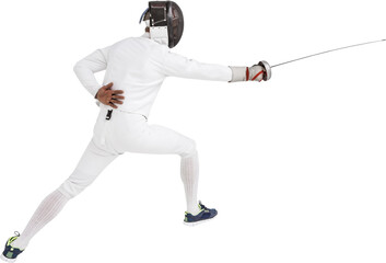 Man wearing fencing suit practicing with sword