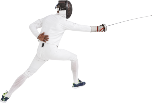 Man wearing fencing suit practicing with sword - Powered by Adobe