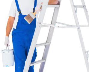 Handyman with paint can and brush climbing ladder