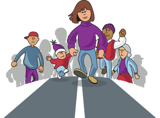Angry protesters of all ages marching down a road