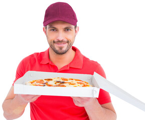 Portrait of happy delivery man holding fresh pizza