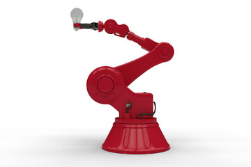 Composite image of red robotic hand holding light bulb