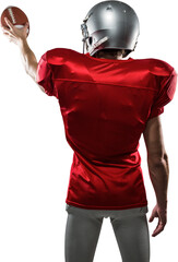 Rear view of sport player in red jersey holding ball