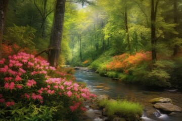 Fototapeta premium A lush forest with towering trees, bright flowers, and a gently flowing river background Generative AI