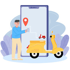 A Man Is Ordering Delivery Service Transportation Using a Motorbike Illustration