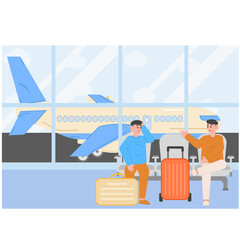 wo Men Are Waiting For Plane Departure Illustration