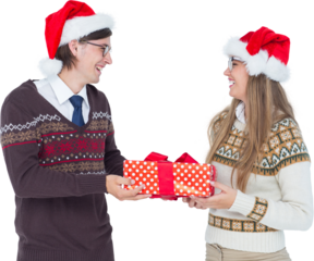 Geeky hipster couple holding present 