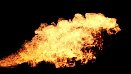 A burst of blazing fire rising from the ground, spreading to center of the frame and dissipating completely on black background. Fire logo, text or title reveal.