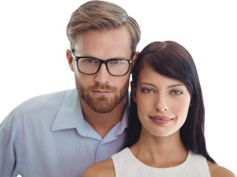 A couple are posing head against head 