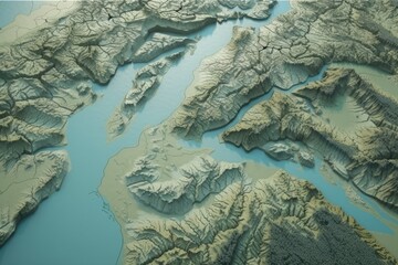 aerial view of a winding river flowing through majestic mountains. Generative AI