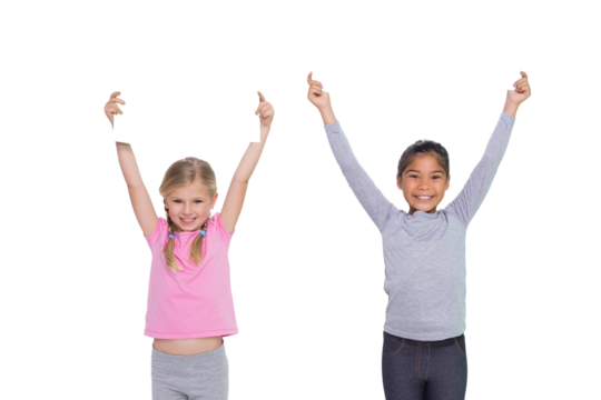 Happy girls holding placards over white background
