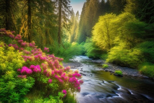 A lush forest with towering trees, bright flowers, and a gently flowing river background  Generative AI