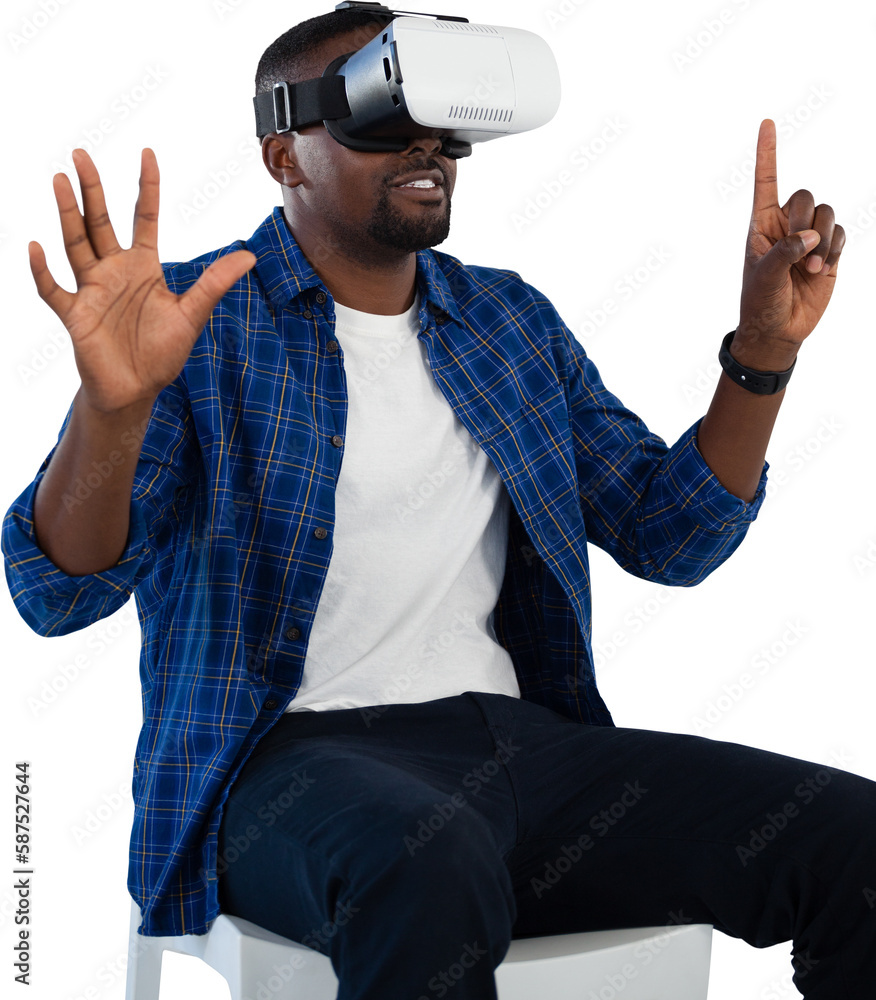 Poster man gesturing while using virtual reality headset