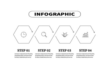 Using a hexagon shape as a design element four step infographic template was created to present a business concept. The vector template outlines four essential elements for web banners and diagrams.