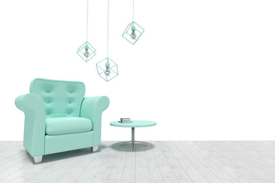 Decoration over turquoise armchair and table 