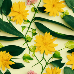seamless tile Pattern of leaves and yellow flowers, generative AI.