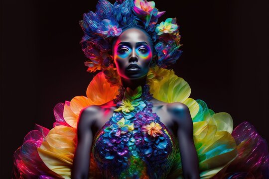 Haute couture or high fashion design in vivid colorful makeup on woman model on isolated background. Contemporary abstract art design of beautiful dress in flower style. Superb Generative AI.