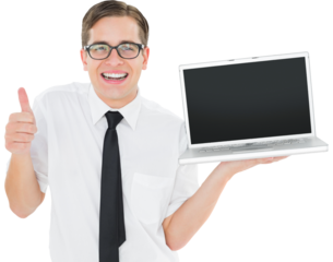 Geeky businessman holding his laptop showing thumbs up