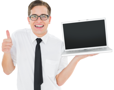 Geeky businessman holding his laptop showing thumbs up - Powered by Adobe